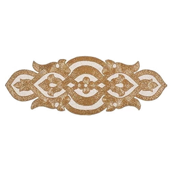 Homebia Designs Beaded Table Runner, Infinity Design, Handmade Embroidered Table Décor for Christmas & Dinner Parties, 13 x 36 inch, Gold Ivory