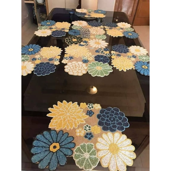 Beaded Table Runner And Placemats Set, Handmade Table Runner And Placemats, Floral Spring Tableware