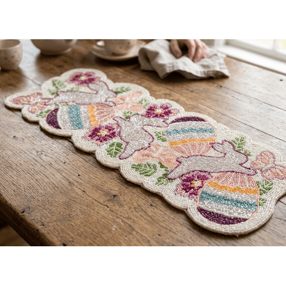 Beaded Table Runner, Easter Bunny And Easter Eggs Design Table Runner, Dining Table Topper 13X36 Inch