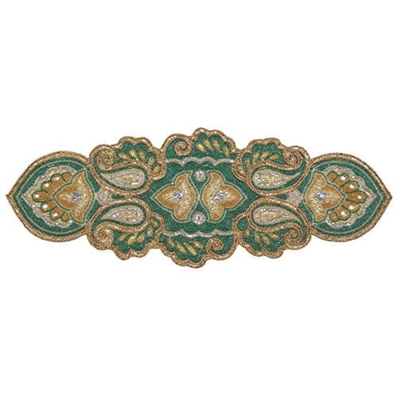 Homebia Designs Beaded Christmas Table Runner 13x36 - Paisley Design, Handmade Decorative Runner Table Décor - Teal Gold