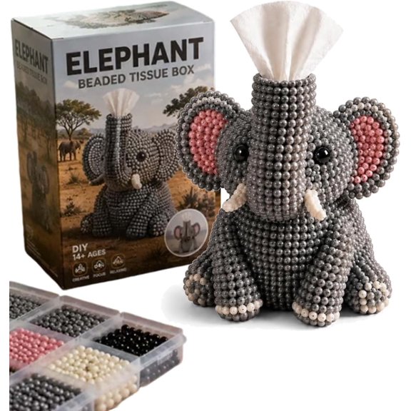 Beaded Tissue Box DIY Kit 3D Bead Craft Animal Pattern for Home DecorElephant
