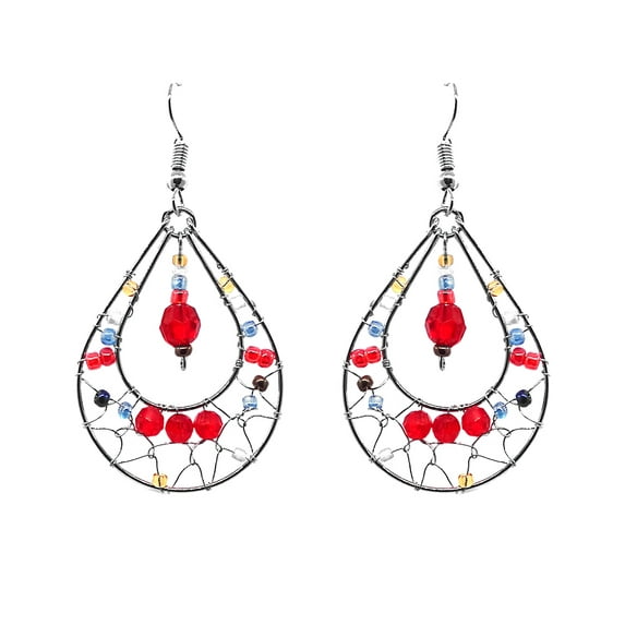 Beaded Webbed Teardrop Silver Metal Seed Bead Dangle Earrings - Womens Fashion Handmade Jewelry Boho Accessories