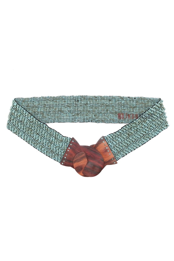 Beaded WomenS Belt From Bali Turquoise Color Elastic Western Style Cinch Belt, Wood Hook Buckle 32-39-Inch, 2.5 Width 2-Mm Glass Beads Gift Boxed