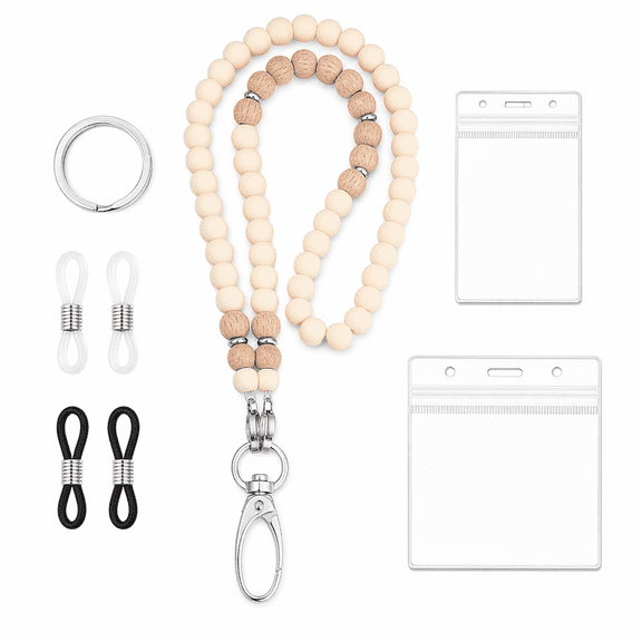 Beaded Wooden Lanyard with Card Holder, Handmade Necklace Lanyard for ID Badge Cruise Card, Teacher Gift for Keys Eyeglasses