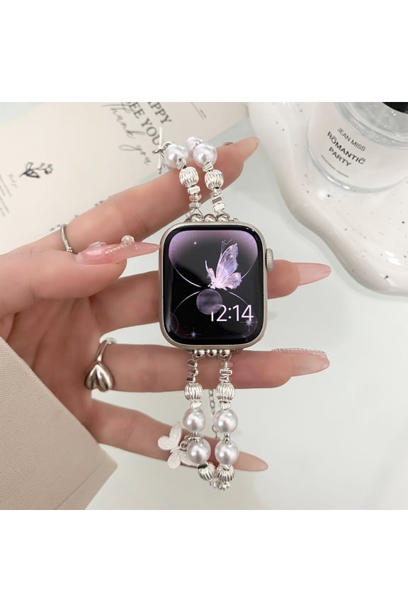 Beaded Wristband Compatible with Apple Watch Band 42mm 44mm 45mm 49mm,Cuban Chain Metal Band with Pretty Pendants for iWatch Series Ultra 9 8 7 6 5 4 3 2 1 SE Charms for Women,B