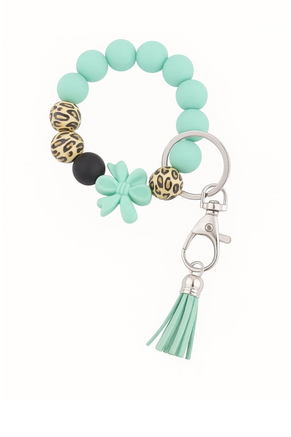 Beaded Wristlet Keychain, Leopard Print, Bow, Mint Green