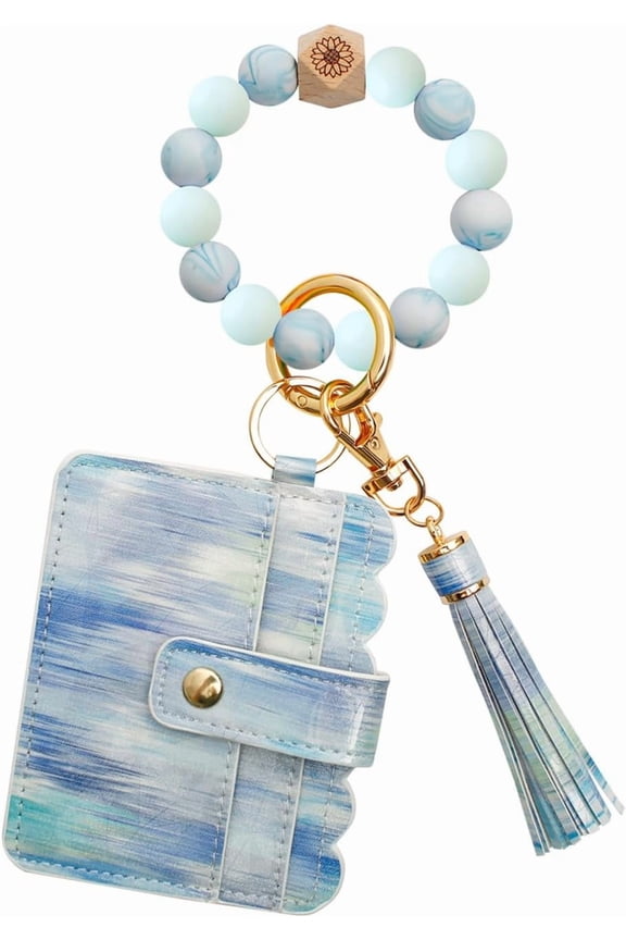 Beaded Wristlet Keychain with Card Holder Wallet, Silicone Bangle Key Ring with Tassel for Women, Hands-Free Car Key Holder