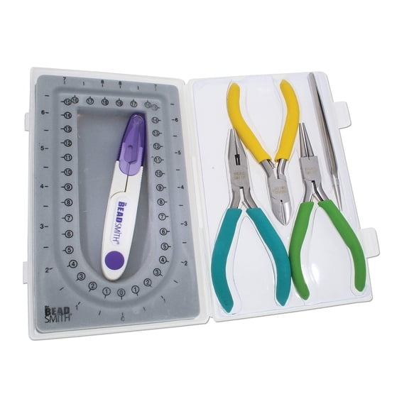 The Beadsmith Beaders Mini Travel Kit - Color-ID Set  Includes Bead Board, Side Cutter, Round Nose, Chain Nose, Thread Snippers, Tweezers and Storage Box  Tools for Jewelry Making