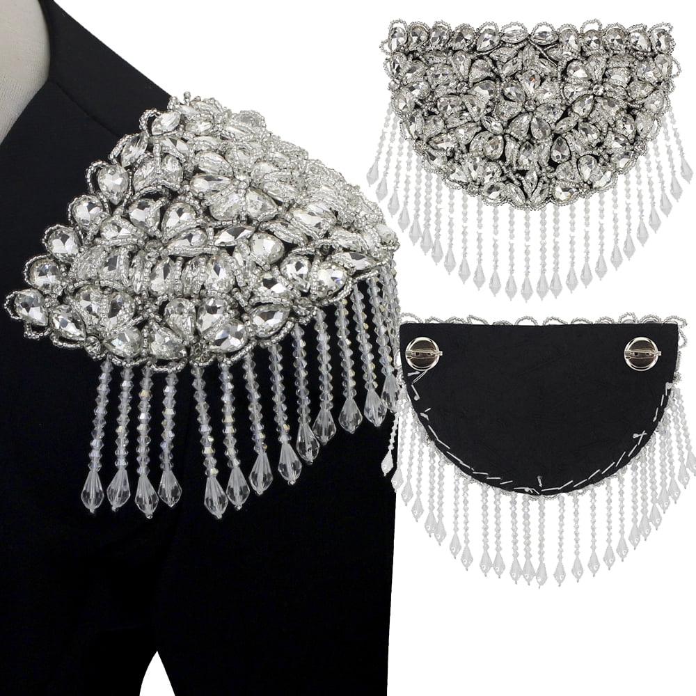 Beading Fringe Shoulder Patches Tassel Epaulettes Rhinestones Shoulder Epaulet Badge Pins Back for Ringmaster Costume 2 pieces