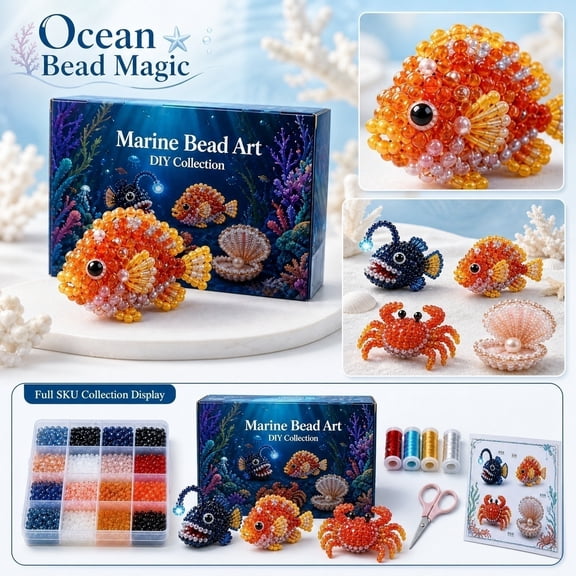 Beading Kit, Adult Craft Kit and Kids Craft Kit, Hobby Ocean Themed Sensory Activity, Under The Sea Craft Making 4 Decorative Beaded Figurines, Complete 8X4X2 Inch Set with Craft