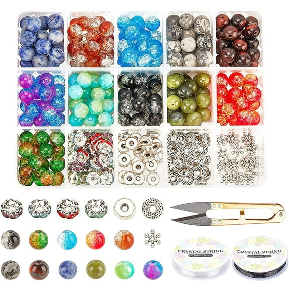 Beading Kit Round Stone Beads with 175pcs 7 Colors Crackle Glass Beads 110pcs Metal Silver Spacer Beads Crystal String and Scissors for Jewelry Making