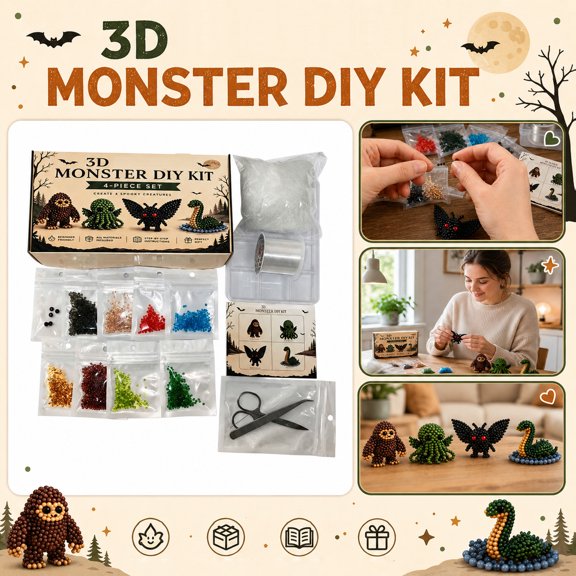 Beading Toys Kit, Mythical Monster Crafts, Easy Beading, 3D Beaded Creatures, Multiple Bead Colors, Complete 8-Inch Set Includes Clear String, Curved Tweezers, Miniature Scissors,