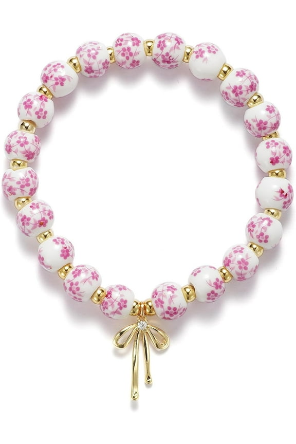 Beads Bow Charm Bracelet for Women Flower Vintage Bracelet Handmade Stretch Gold Beaded Dainty Romantic Jewelry Gift
