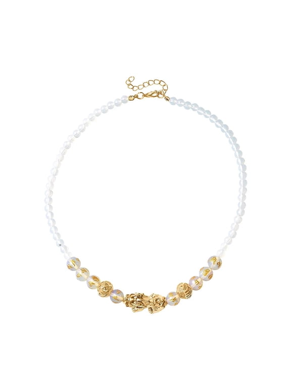 Beads Carved Opalite Crystal Feng Shui Pi Xiu Beaded Necklace Women Jewelry for Women Size 18" Birthday Christmas Gifts