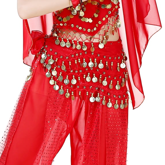 Beads & Coins Chiffon Belly Dancing Dance Hip Scarves Skirt Scarf Wrap Belt Red