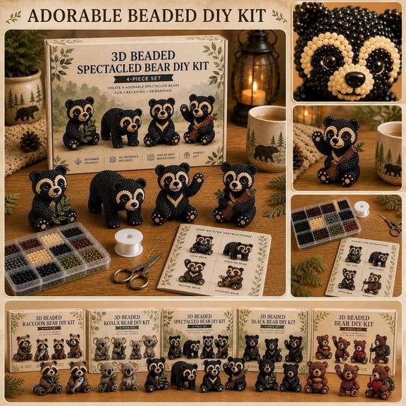 Beads for Crafts, Bead Animal Making Kit, 3D Beaded Animal Figurines, Raccoon Bear Crafts, All Materials Included Beginner Friendly 4-Piece Diy Set with 8X5X1.5 in Transparent