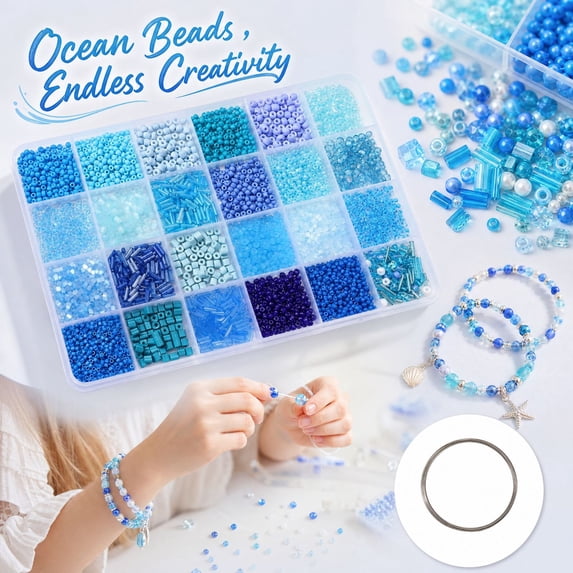 Beads for Jewelry Making, Assorted Glass Beads, Blue Glass Seed Beads, Beads & Bead Assortments, Complete 24-Compartment Blue-Toned Bead Set with Flexible Beading Wire for