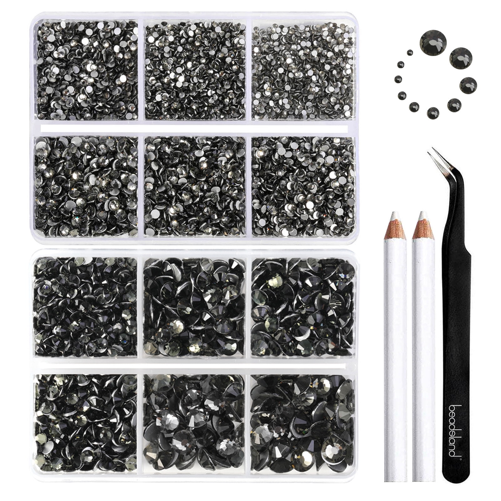 Beadsland 8300PCS Flatback Rhinestones 10 Sizes with Wax Pencil and Tweezer Kit, SS3-SS30, Black Diamond