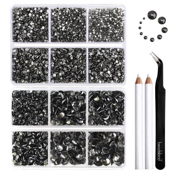 Beadsland 8300PCS Flatback Rhinestones 10 Sizes with Wax Pencil and Tweezer Kit, SS3-SS30, Black Diamond