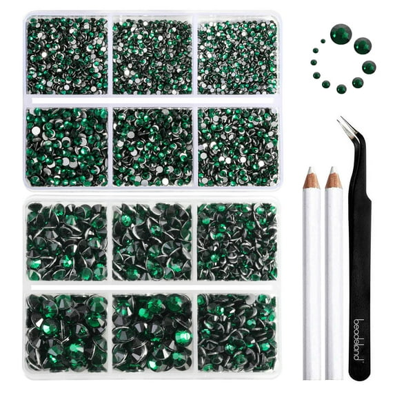 Beadsland 8300PCS Flatback Rhinestones 10 Sizes with Wax Pencil and Tweezer Kit, SS3-SS30, Emerald
