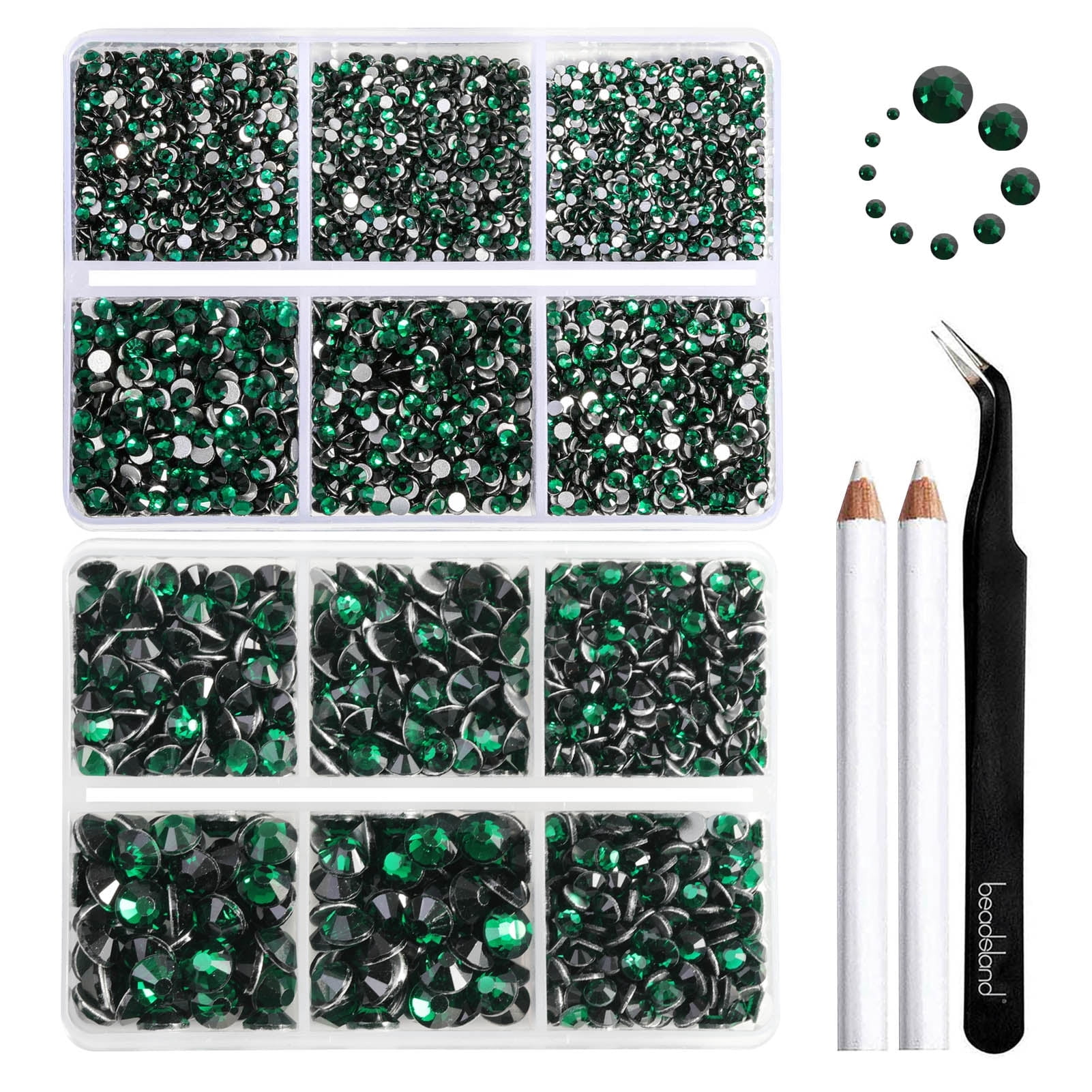 Beadsland 8300PCS Flatback Rhinestones 10 Sizes with Wax Pencil and Tweezer Kit, SS3-SS30, Emerald