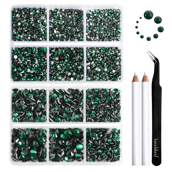 Beadsland 8300PCS Flatback Rhinestones 10 Sizes with Wax Pencil and Tweezer Kit, SS3-SS30, Emerald