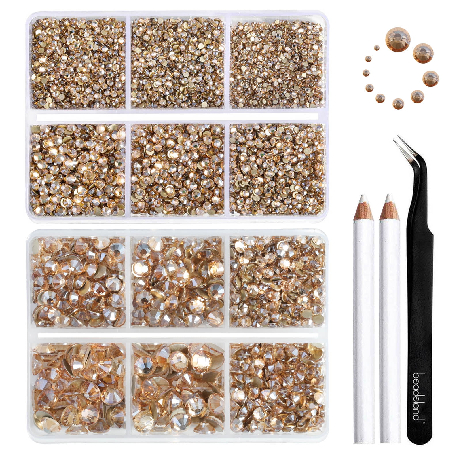 Beadsland 8300PCS Flatback Rhinestones 10 Sizes with Wax Pencil and Tweezer Kit, SS3-SS30, Golden Shadow