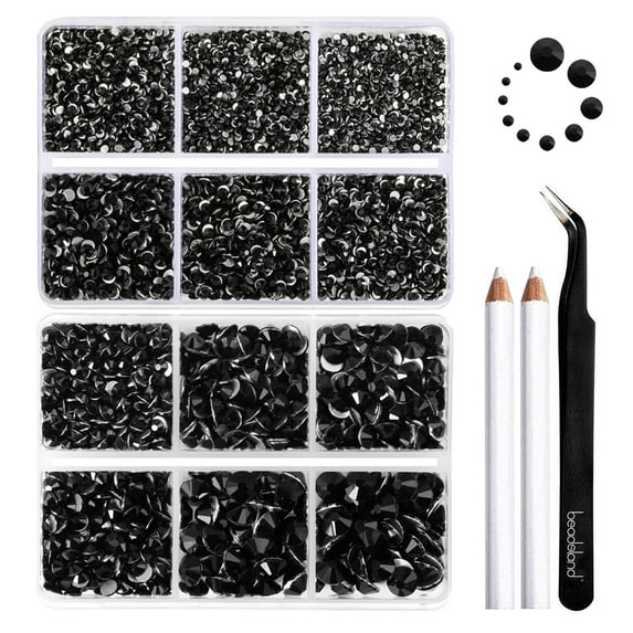 Beadsland 8300PCS Flatback Rhinestones 10 Sizes with Wax Pencil and Tweezer Kit, SS3-SS30, Jet Black