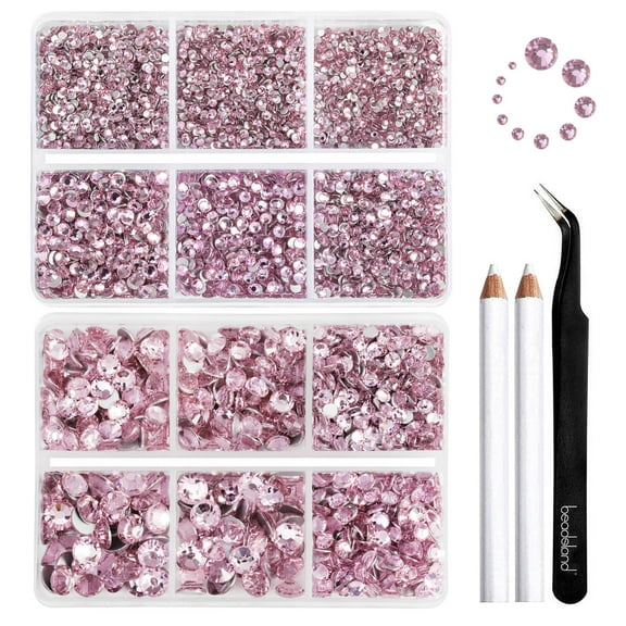 Beadsland 8300PCS Flatback Rhinestones 10 Sizes with Wax Pencil and Tweezer Kit, SS3-SS30, Light Rose/Light Pink