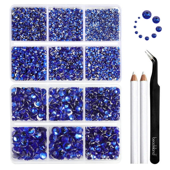 Beadsland 8300PCS Flatback Rhinestones 10 Sizes with Wax Pencil and Tweezer Kit, SS3-SS30, Sapphire