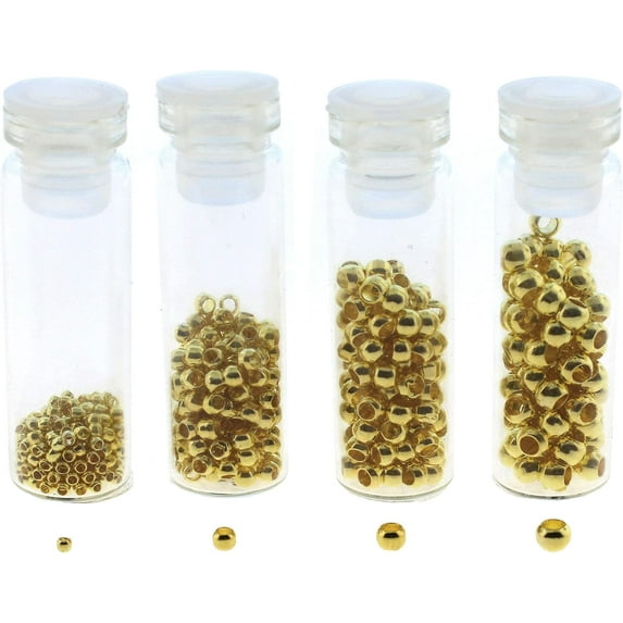 The Beadsmith Basic Elements Crimp Beads, 4 Vials in Assorted Sizes, Gold Color, Uniform Round Shape, No Sharp Edges, Designed to Secure The Ends of Jewelry Stringing Wires and Cables