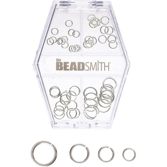 The Beadsmith Basic Elements Open Jump Rings Assortment - Silver Plated 4mm, 5mm, 6mm & 8mm 48 Pieces with Storage Box Findings for Making Keychains, Charms, Chain Mail and Body Jewelry