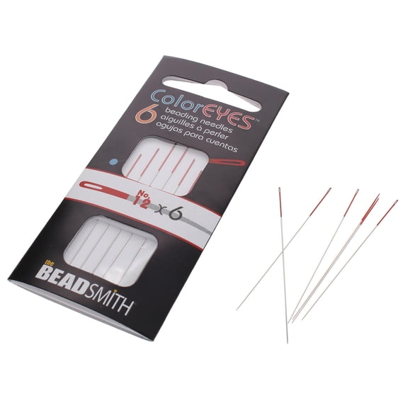 The Beadsmith ColorEYES Beading Needles, Size 12, 1 Card (6 Needles), Red Colored Tip for Easy Identification of Size, Use for Loom Weaving Bead Work, Off-Loom Stitch and Jewelry Making w/Seed Beads