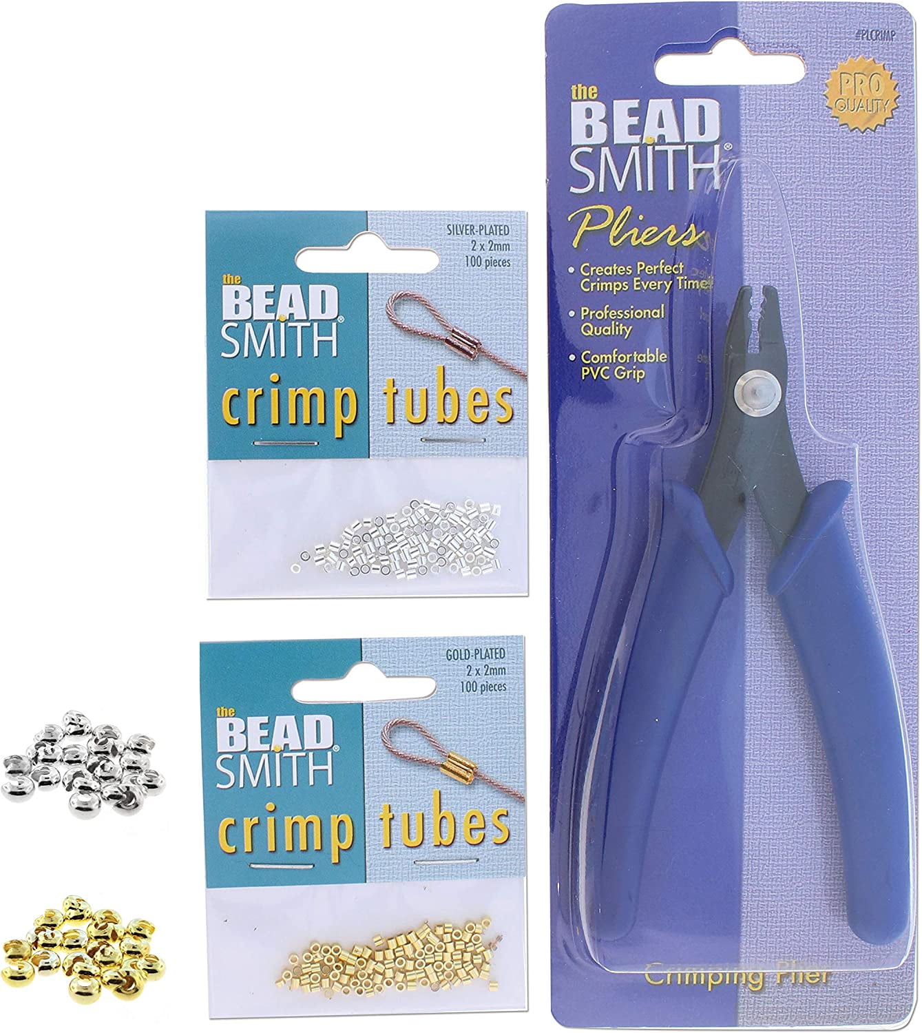 The Beadsmith Crimping Set, Crimp Forming Pliers 5-1/8', 2x2mm Crimp Tubes and 3mm Crimp Bead Covers in Silver and Gold, Create Smooth, Rounded Crimps Every Time, No Sharp Edges