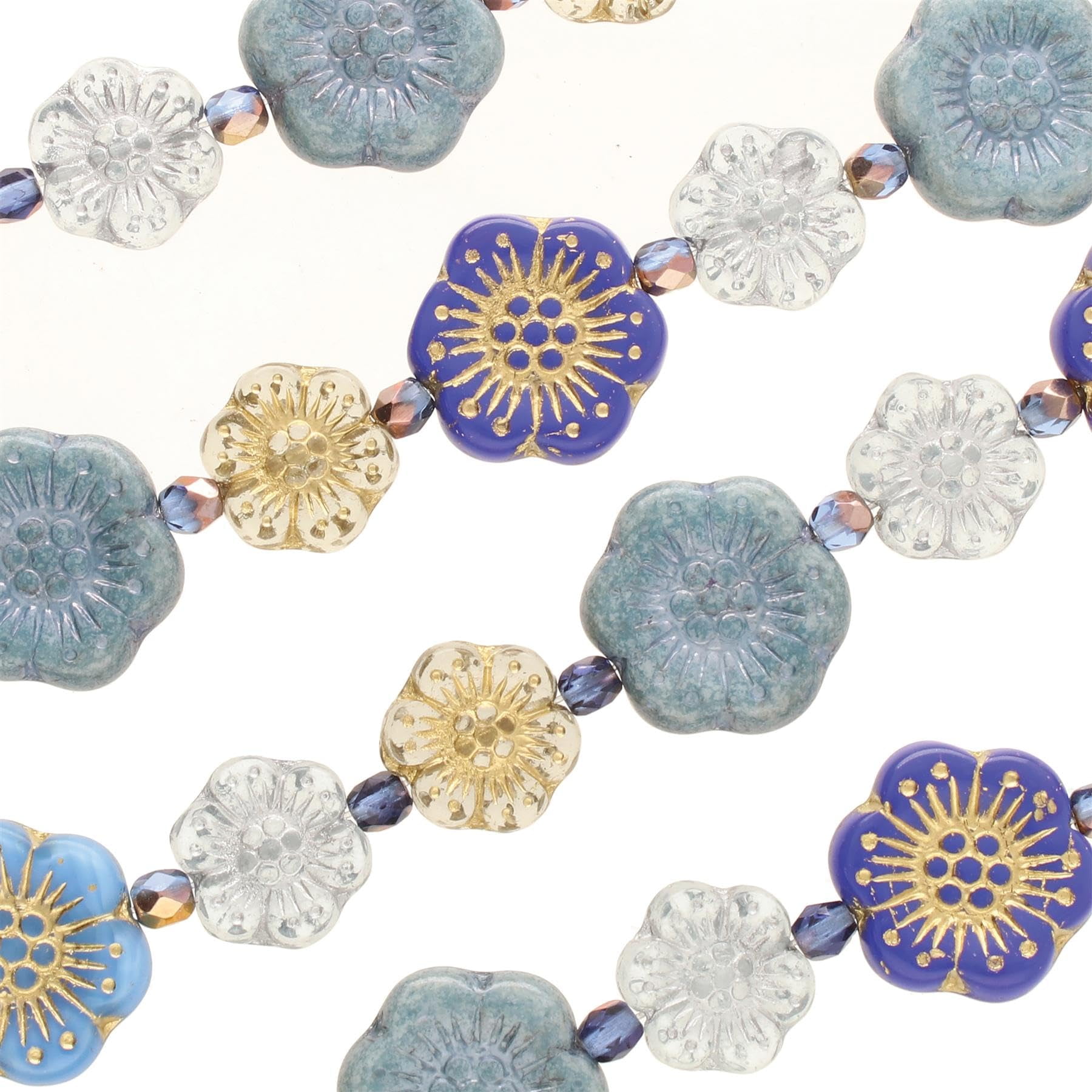 The Beadsmith Czech Glass Strands - High Quality, Pressed & Table Cut Beads – 6 x 7-Inch Strands, 19 Beads Per Strand – Blue New Gardens Mix – For Jewelry Making, Decorations & DIY Crafts