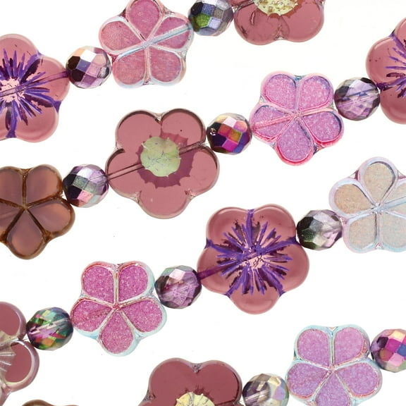 The Beadsmith Czech Glass Strands – Pressed & Table Cut Beads – 6 x 7-Inch Strands, 14 Beads Per Strand – Purple Flower Mix – for Jewelry Making, Decorations & DIY Crafts