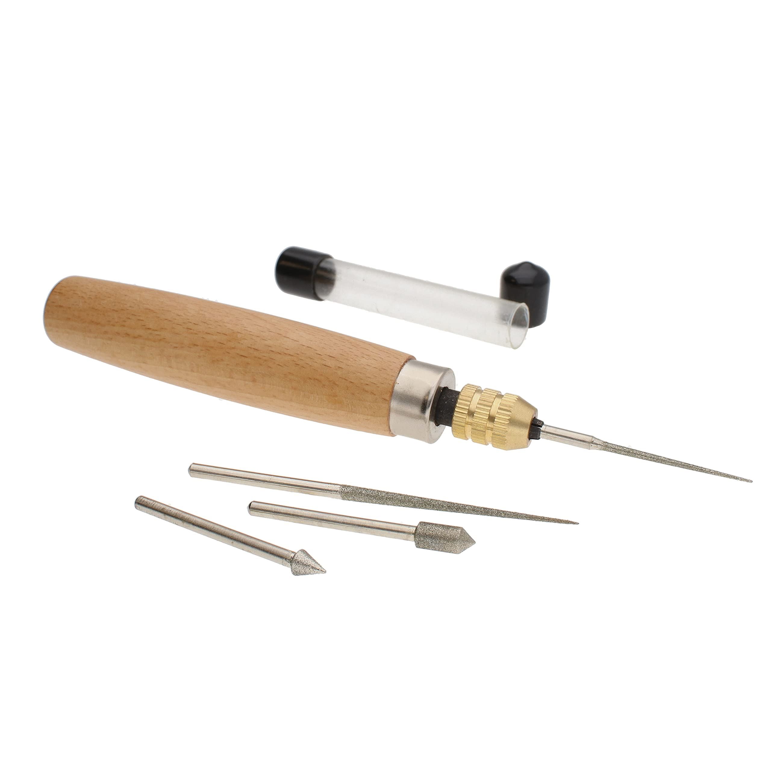 The Beadsmith Diamond Reamer Set 4 Interchangeable Tips, Wood Handle, Storage Tube for Bits - Use on Glass, Ceramic or Stone Tools for Opening \u0026 Enlarging Holes \u0026 Softening \u0026 Smoothing Rough Edges