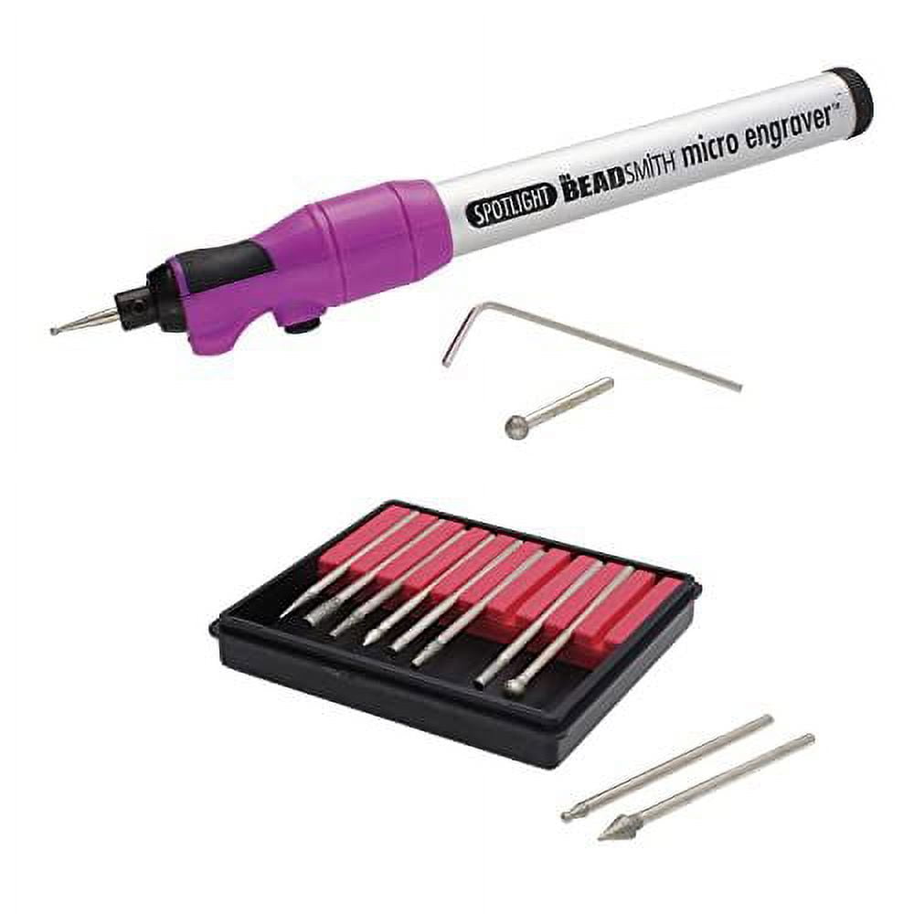 The Beadsmith Engraver Set – Battery Operated Micro Engraver with Spotlight & 2 Round Diamond-Tip Bits – 10-Piece Diamond Tip Bits – Ideal for Engraving on Metal, Glass, Wood, Ceramics & More