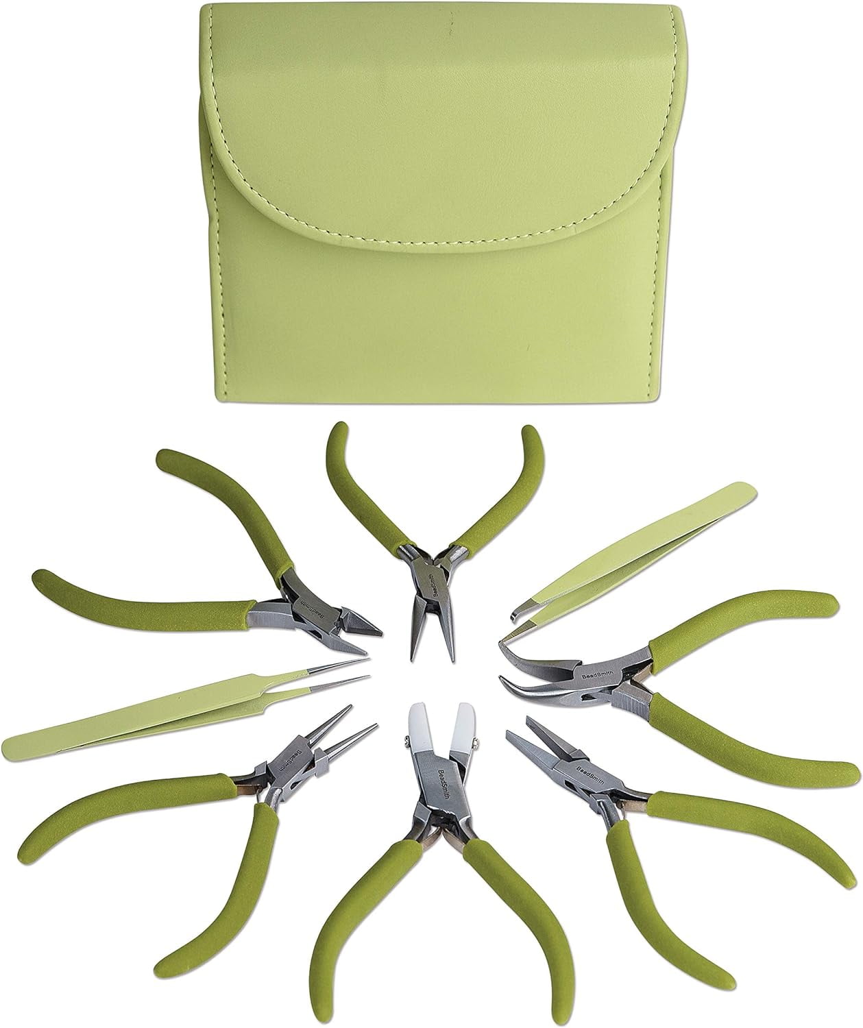 The Beadsmith Fashion Color Pliers - Set of 8 Slimline Color-Coordinated Tools – Matching Clutch in Light Olive – Jewelry Making Supply Kit to Create Necklaces, Bracelets, Earrings & More