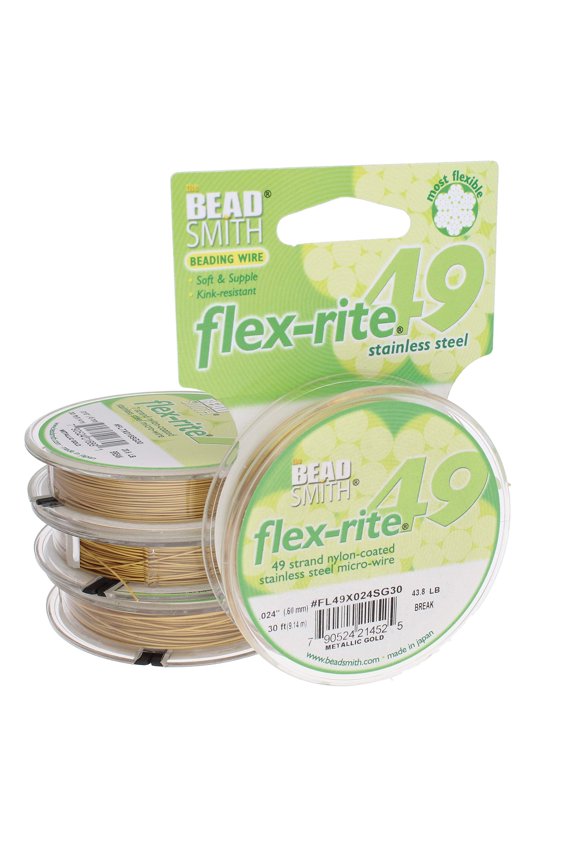 Flex-Rite Wire 49 Strand, Nylon Coated, Stainless Steel Beading Wire Gold Color.024 Diameter, 30-Foot Spool Flexible Wire for Necklace, Bracelet and Jewelry Making