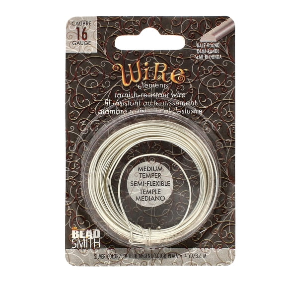 The Beadsmith Half-Round Craft Wire - Medium Temper Beading Wire, Silver Color, 16 Gauge, 4 Yards