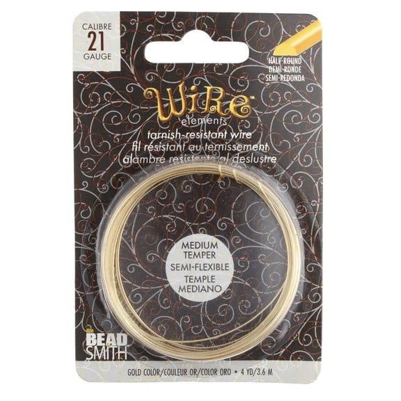 The Beadsmith Half-Round Craft Wire - Medium Temper Beading Wire, Gold Color, 21 Gauge, 4 Yards