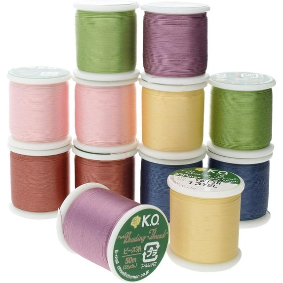 The Beadsmith KO Thread, Japanese Pre-Waxed 100% Nylon Beading Thread, 12 Color Assortment, 330TEX, Tangle Resistant Knotting Cords, 50 Meters, Use for Seed Bead Projects, Loom Work, Bead Weaving