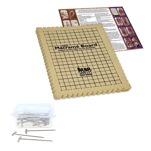 The Beadsmith Mini Macrame Combo - Bead Board 7.5 x 10.5 inches - Box of 40 T-pins 1.75 inches - Bracelet Project & Instructions Included - For securing & creating Macrame and Knotting Creations
