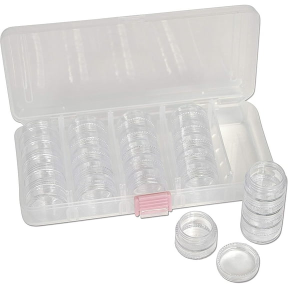 The Beadsmith Personality Case, Clear Plastic Bead Storage Case with 25 Removable and Stackable Jars, includes 5 Screw Top Lids, Organizer Storage for Beads, Snap Lock Case for Jewelry and Crafts