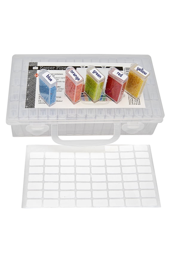 Personality Case - Clear Storage Carrying Case 8.5 x 5 inches - and 64 flip top Boxes 1 x 2 inches Each, Includes Labels, for organizing and Storage
