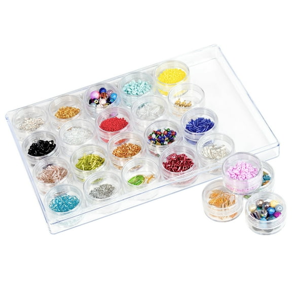 The Beadsmith Clear Organizer Box 9.5 x 6.4 Storage Case with 24 Screw-Top Jars (1.5 x 0.8)