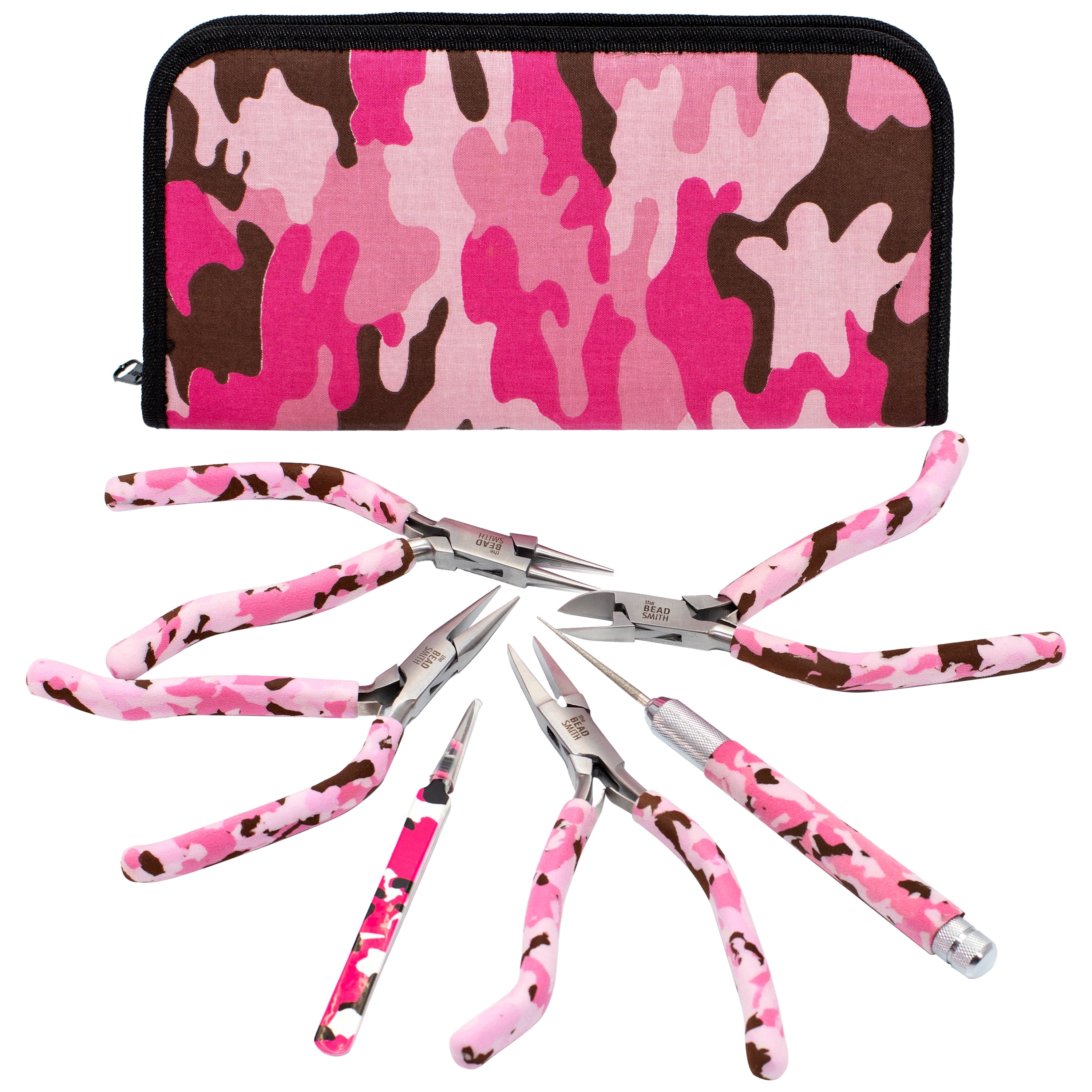 The Beadsmith Pink Camouflage Set - 6 Piece Kit: Pistol Grip Chain Nose, Round Nose, Flat Nose, Side Cutter Pliers w/ Tweezers, Reamer and Zippered Pouch – 6 Inch Jewelry Making Tools