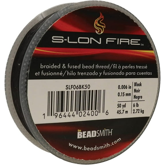 The Beadsmith S-Lon Fire - Braided and Fused Bead Thread - 6lb. Test, .006"/.15mm Diameter, 50 Yard Spool, Black Color - Super Strong Stringing Material for Jewelry Making and Bead Weaving