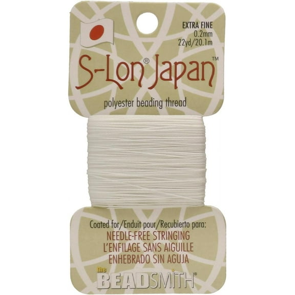 The Beadsmith S-Lon Japan – Extra Fine Polyester Thread – White Color, .2mm Diameter, 22 Yards per Card – Needle-Free Stringing, Easy to Thread Beads – Ideal for Knotted Jewelry